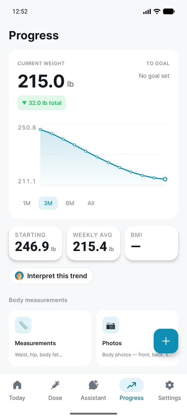 GLPMate Progress screen showing 32 lb lost over 12 weeks with a weekly trend chart